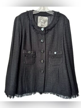 Mac & Jac Black Textured Fringe Jacket Button Front Pockets Boho XL